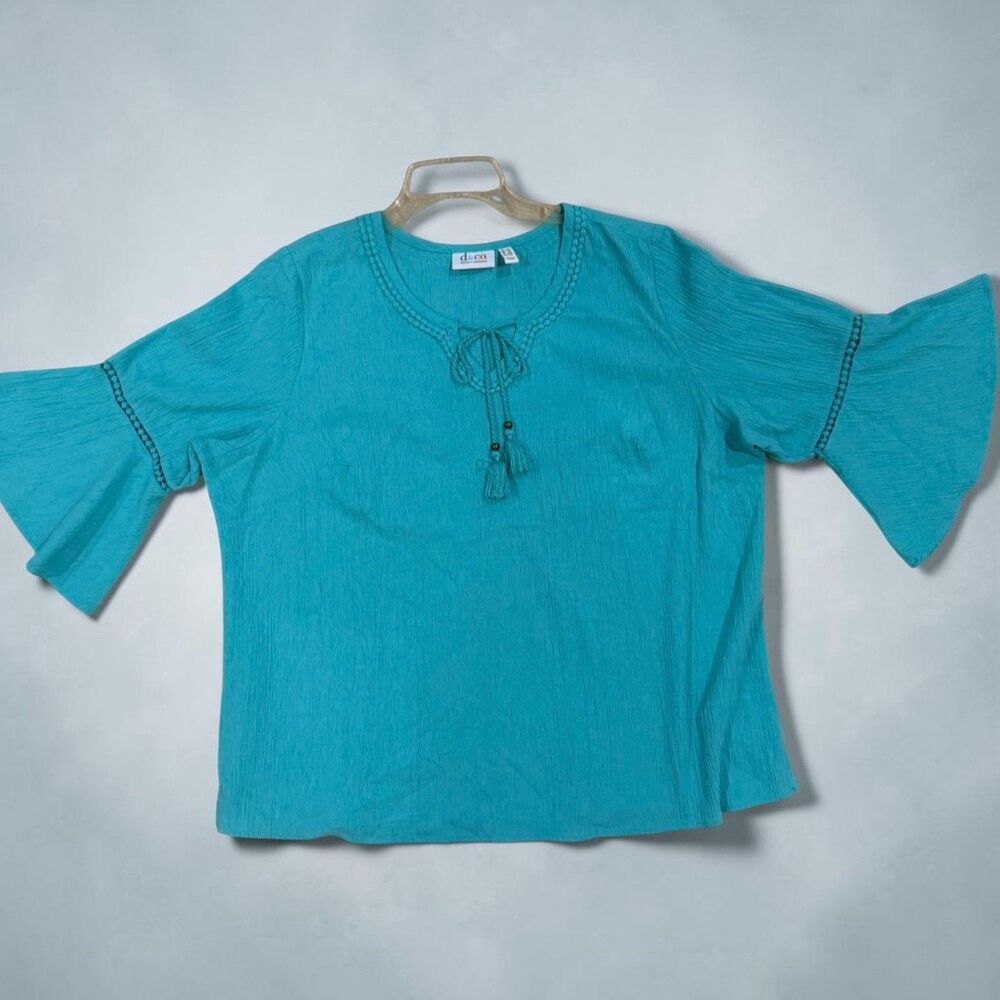 d&co Denim & Company Women’s 1X Turquoise Boho Peasant Blouse - Picture 3 of 12